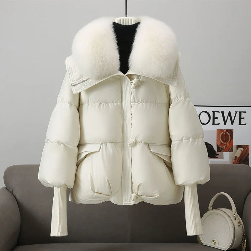 White women's down cotton padded jacket with soft fur collar and zip front