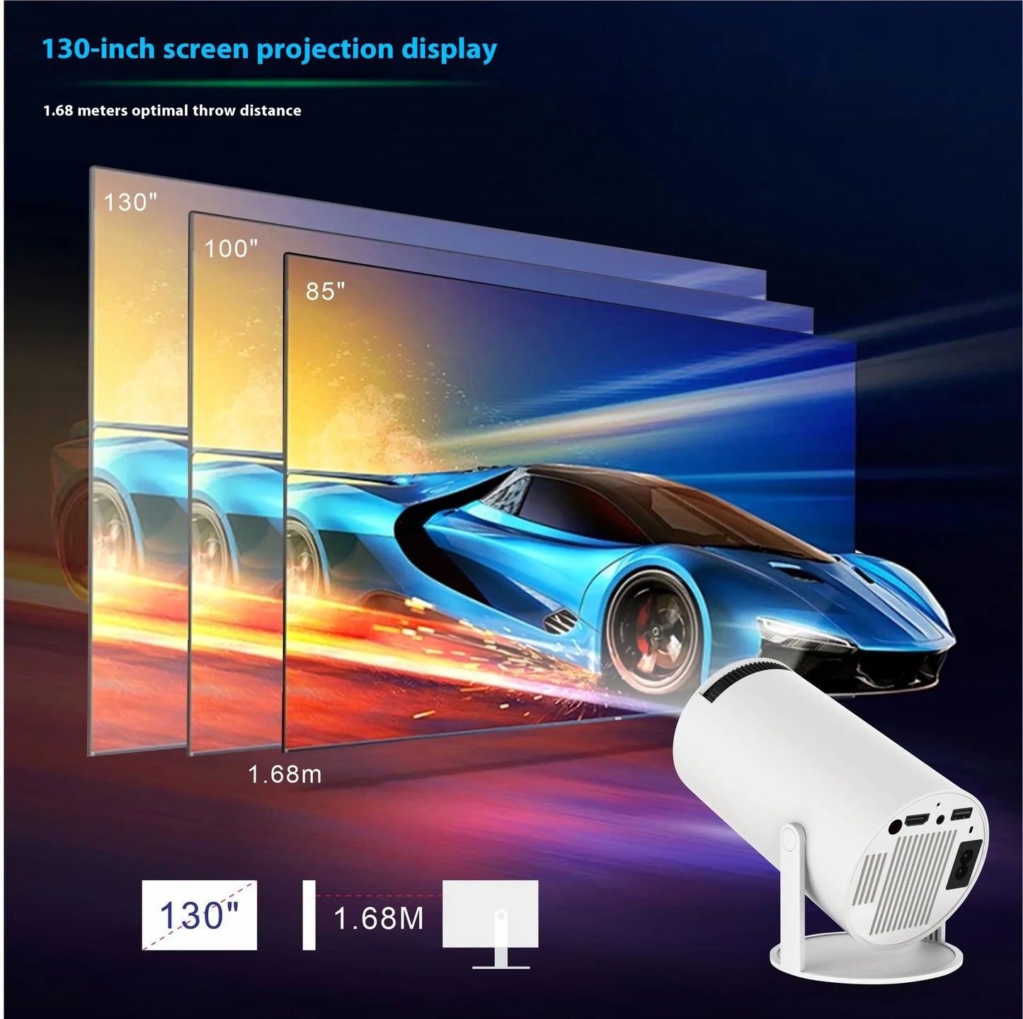 WiFi 6 projector showing 130 inch screen projection size