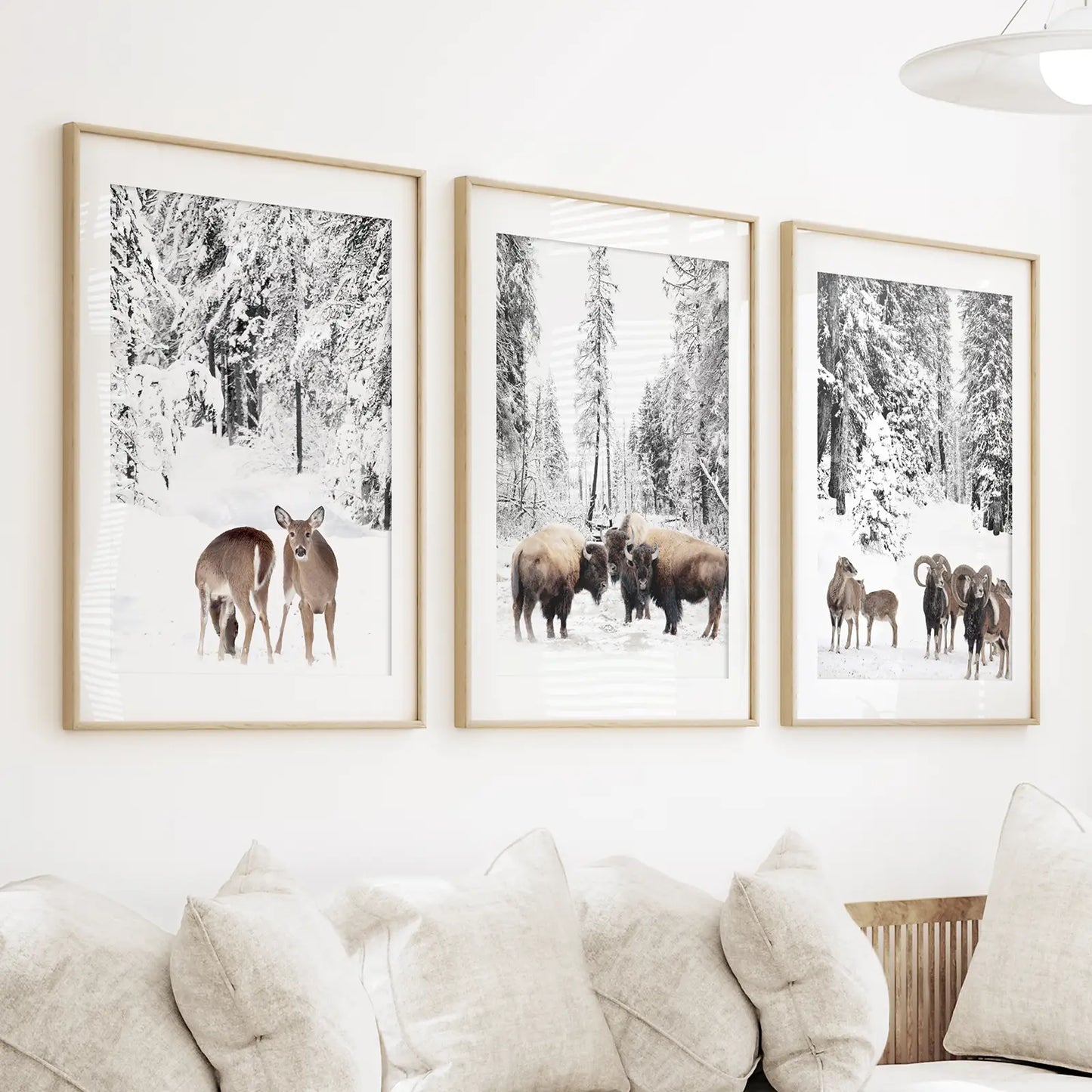 Winter Animals Wall Art Set of 3, Buffalo Deer Goat