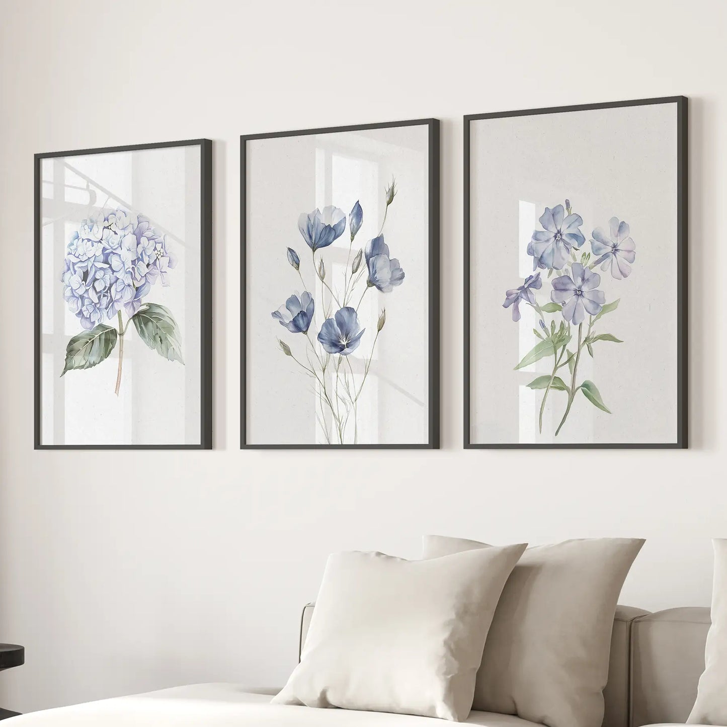 Watercolor Blue Flowers Wall Art Set of 3 Piece