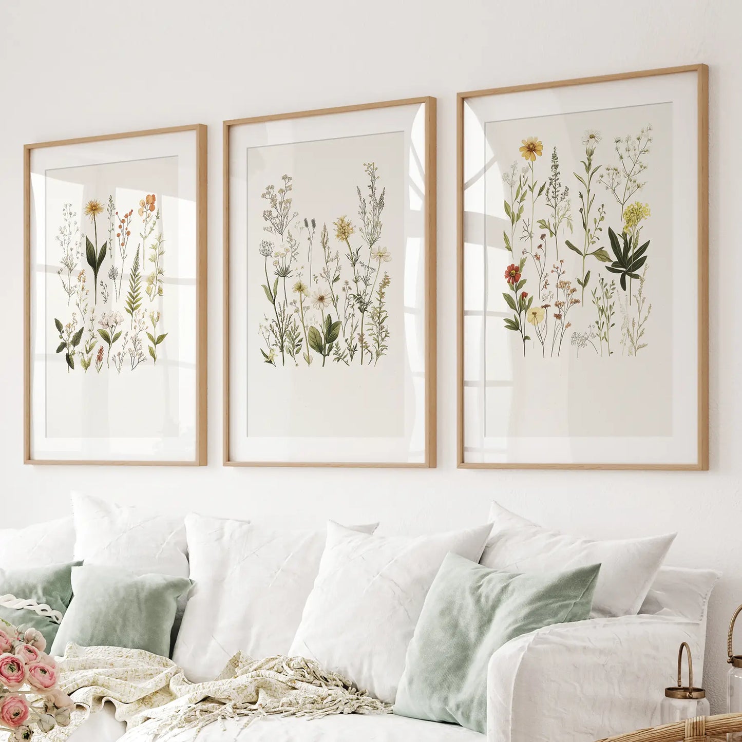 Set of 3 colorful watercolor wildflower wall art prints