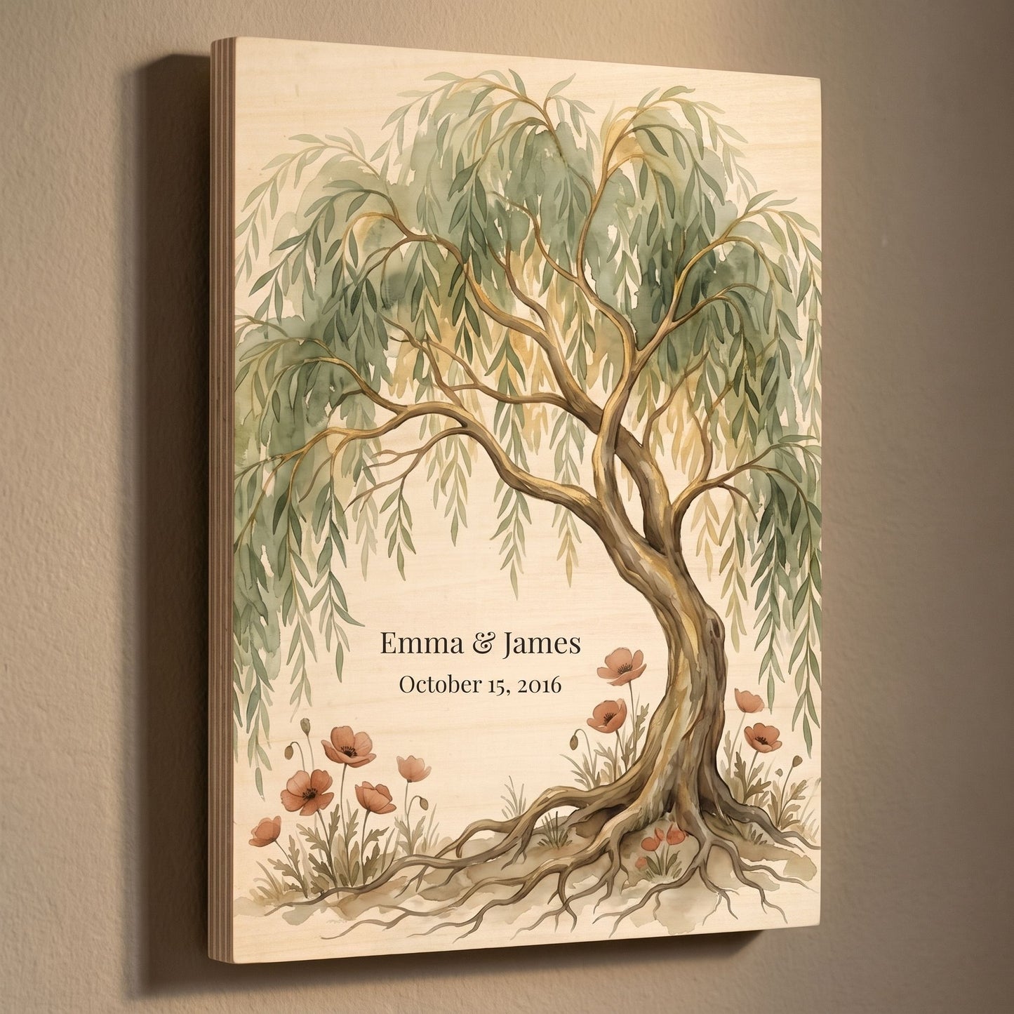 Willow tree wood print personalized with names and date, birch panel on a clean warm wall, 9th anniversary gift