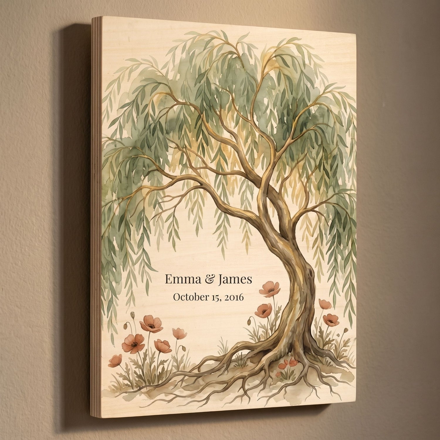Willow tree wood print personalized with names and date, birch panel on a clean warm wall, 9th anniversary gift