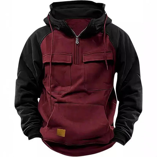 Wine red and black cargo-style fleece hoodie displayed with front pockets and half-zip design