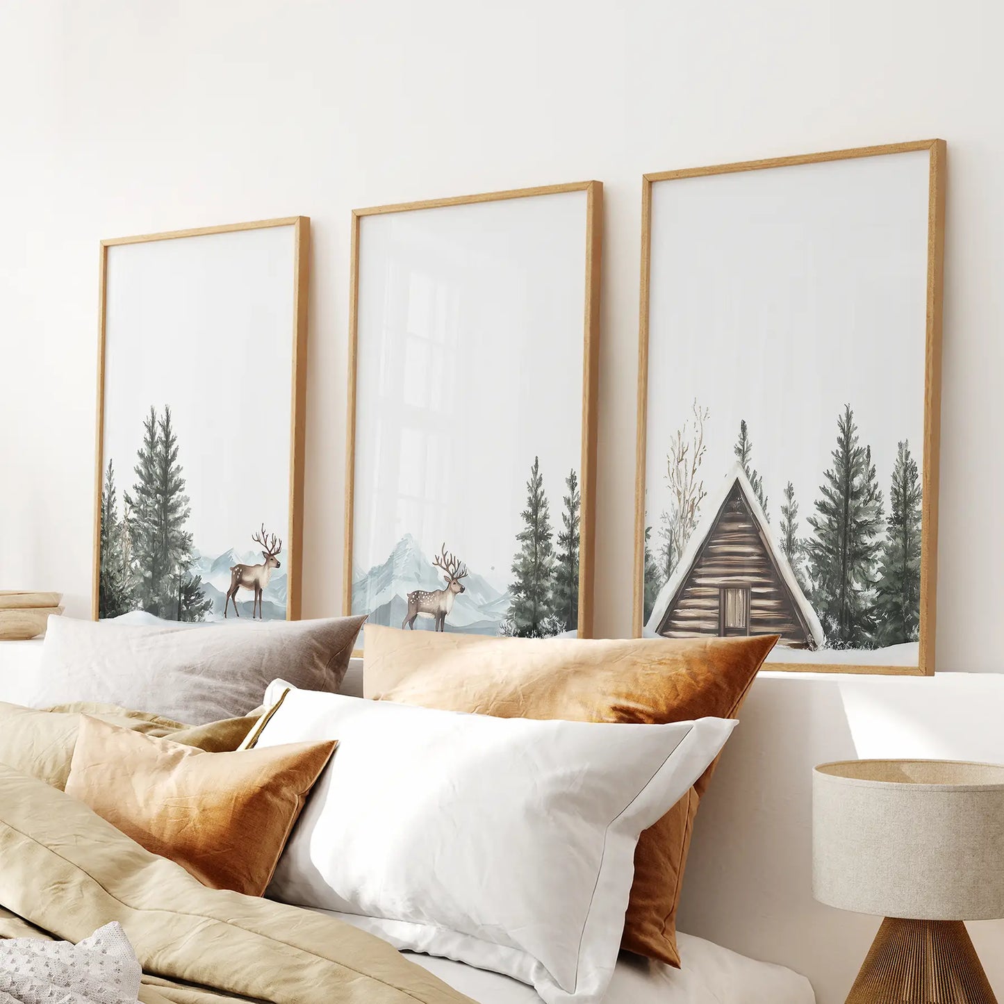 Rustic cabin, deer, and snowy pine forest 3 piece winter wall art set