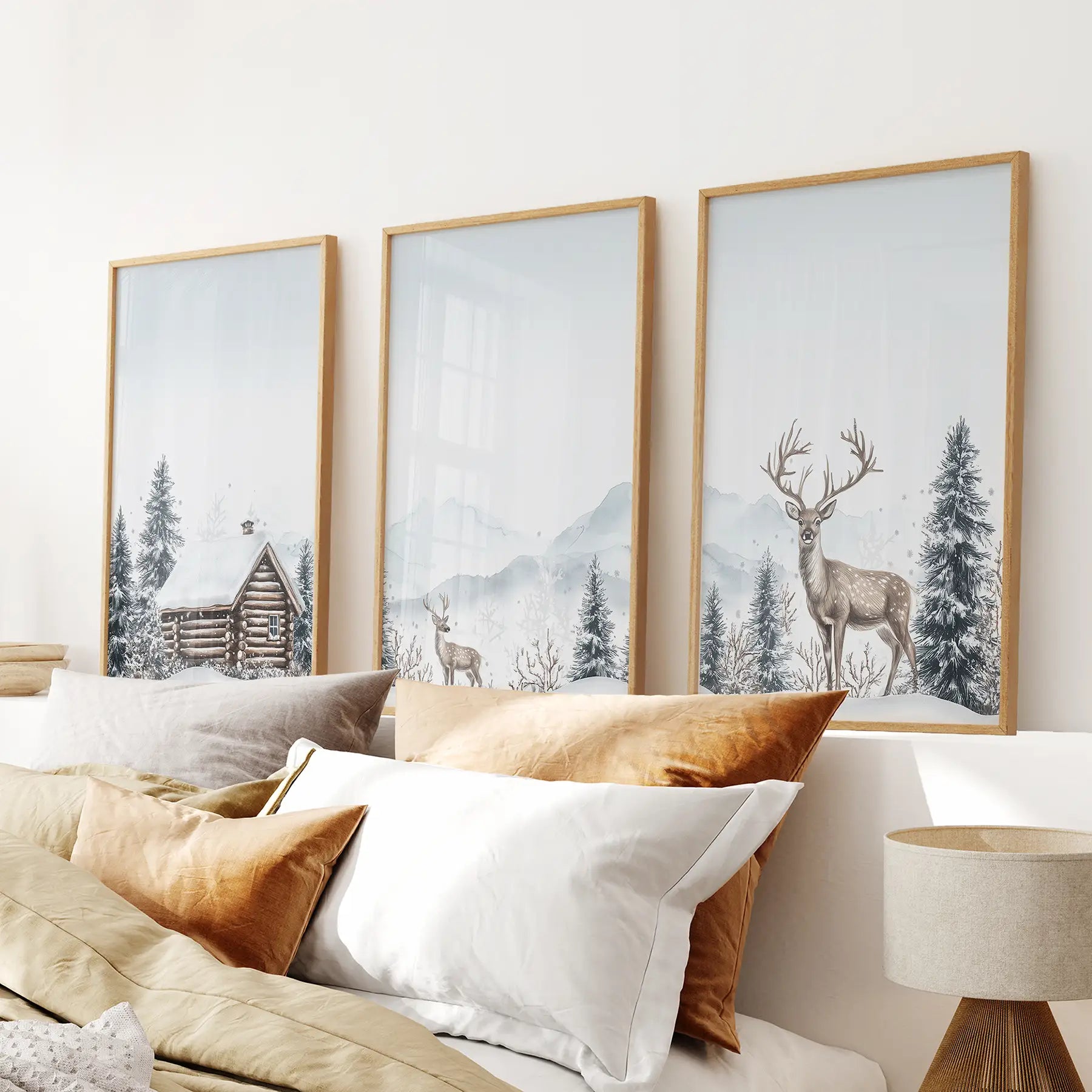 Winter woodland 3 piece wall art set with log cabin, deer, and snowy forest