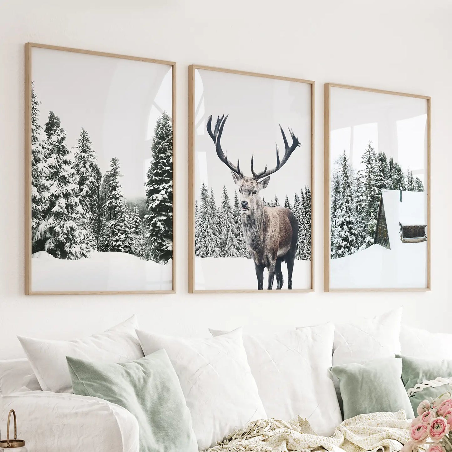 Set of 3 Christmas wall art prints with snowy forest log cabin and reindeer