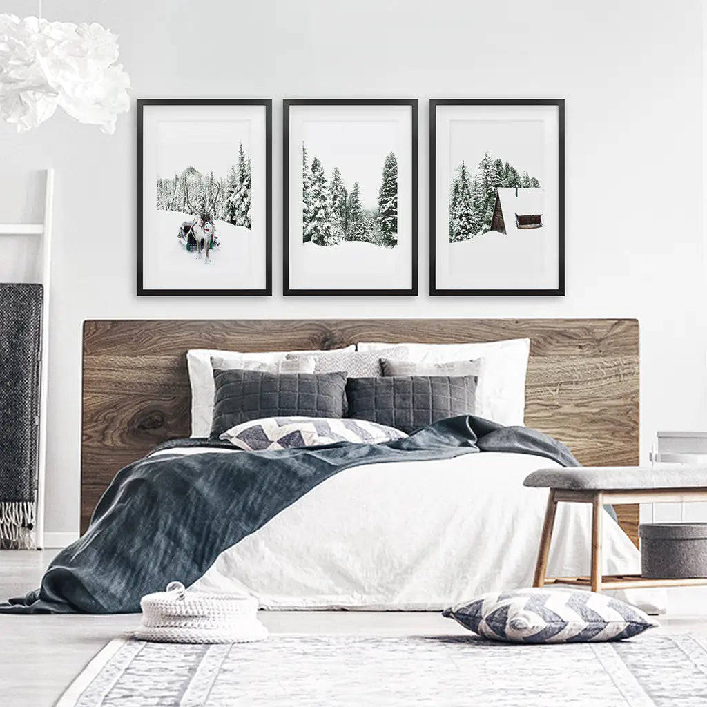 Snowy Winter Wall Art Set of 3 Reindeer Prints