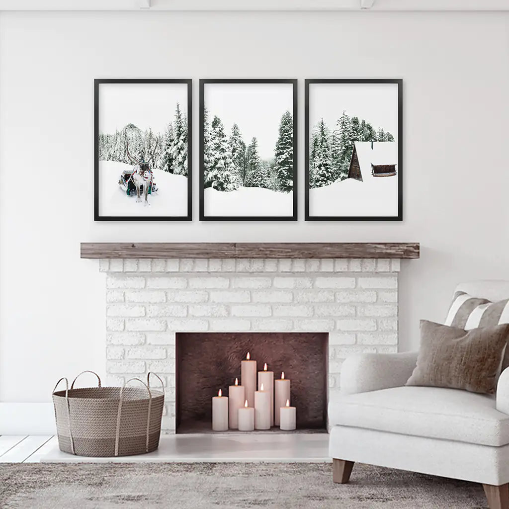 Snowy Winter Wall Art Set of 3 Reindeer Prints
