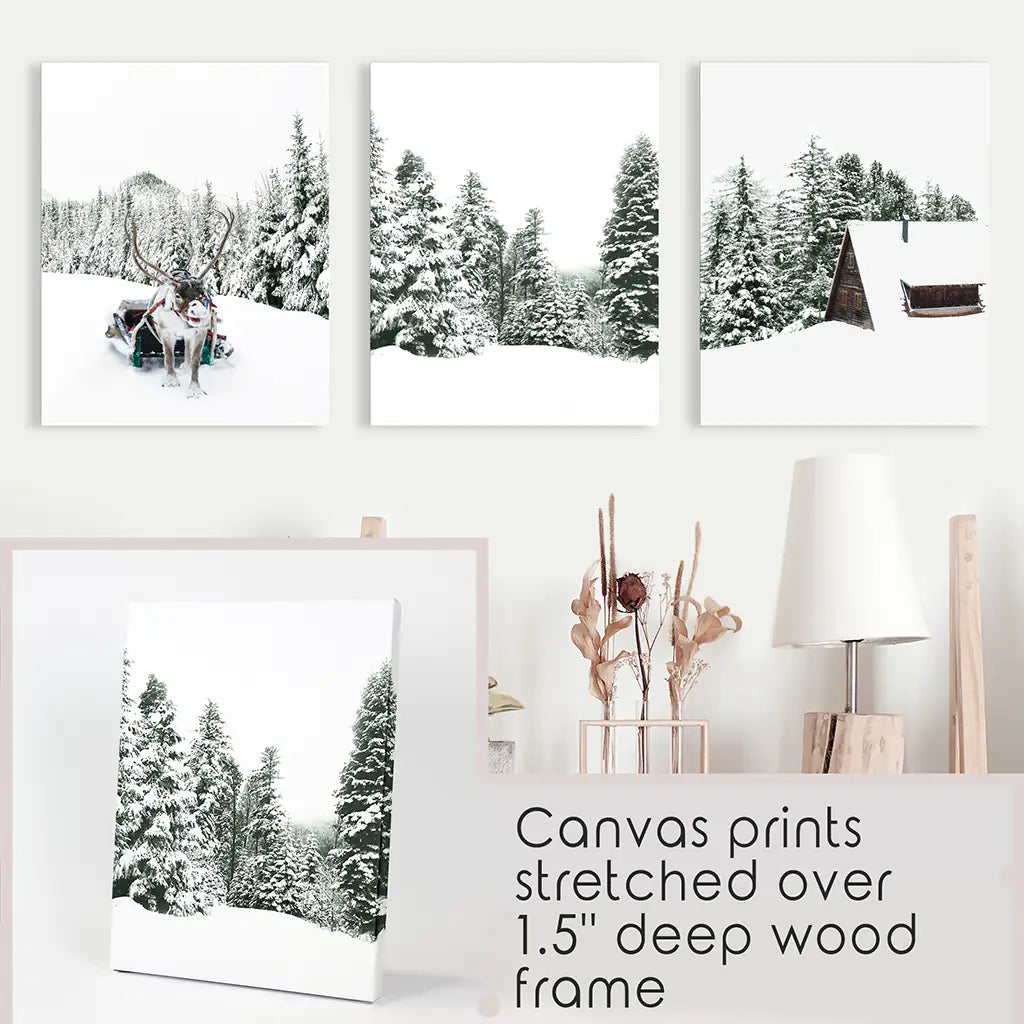 Snowy Winter Wall Art Set of 3 Reindeer Prints