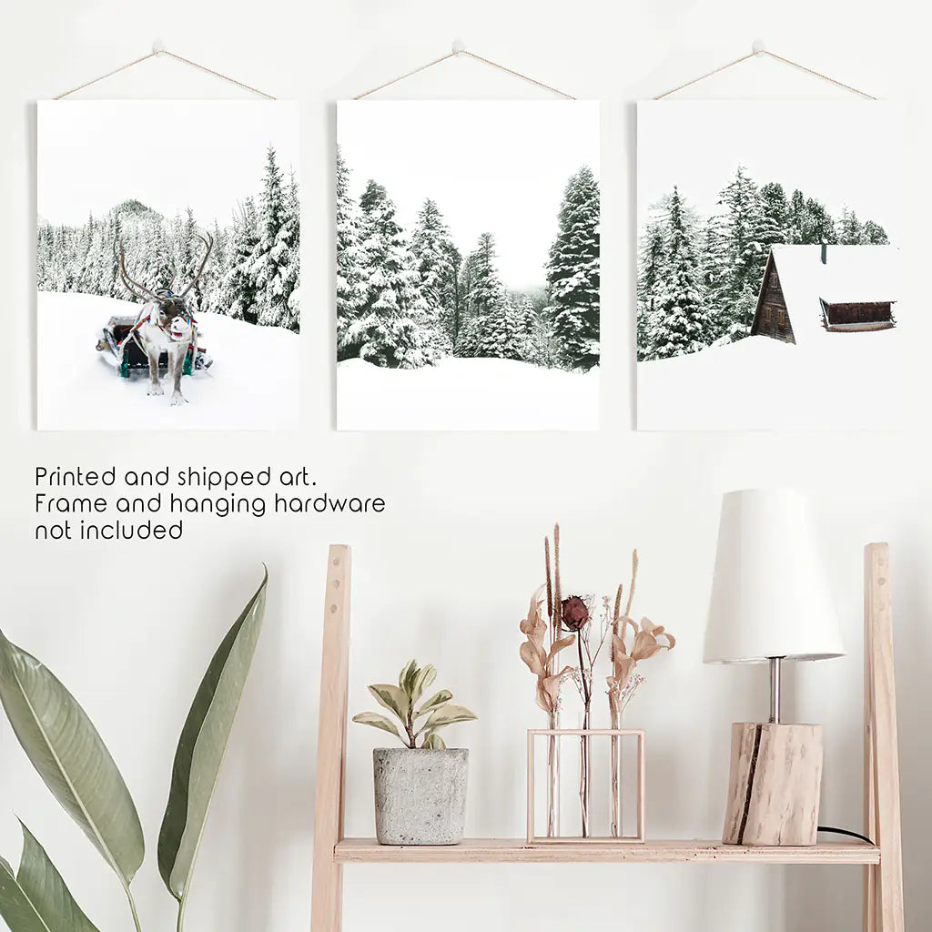 Snowy Winter Wall Art Set of 3 Reindeer Prints