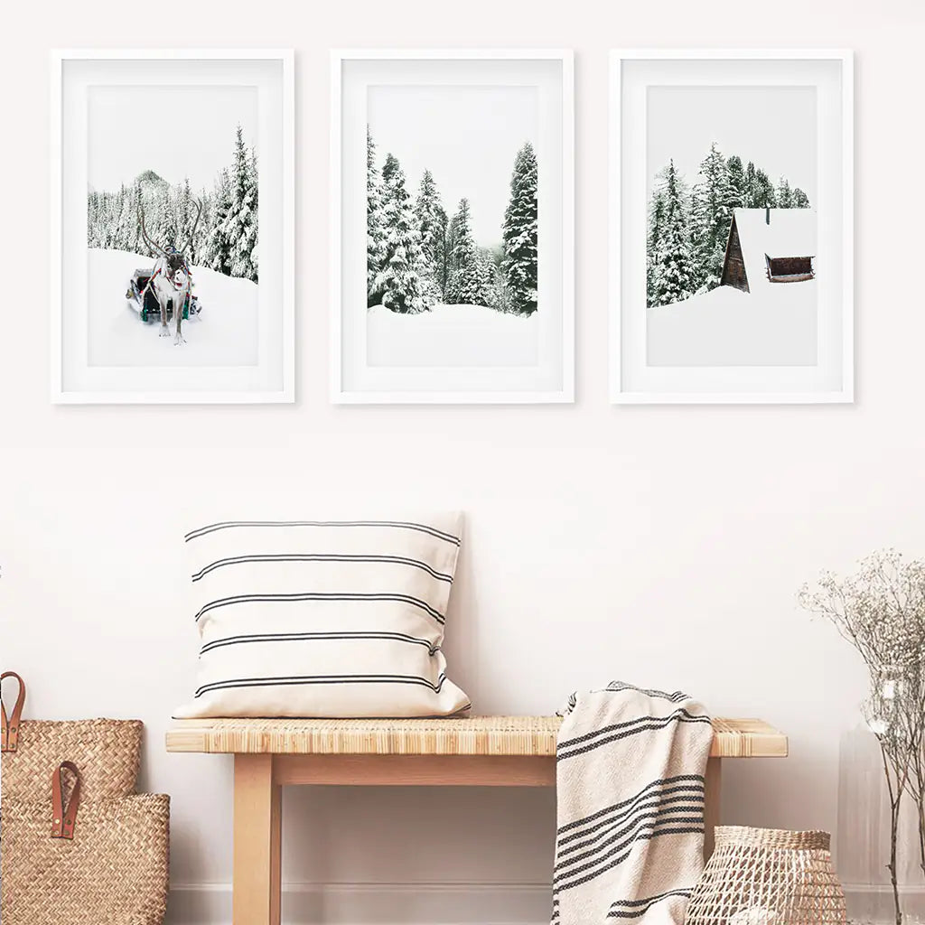 Snowy Winter Wall Art Set of 3 Reindeer Prints