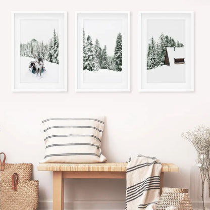 Snowy Winter Wall Art Set of 3 Reindeer Prints