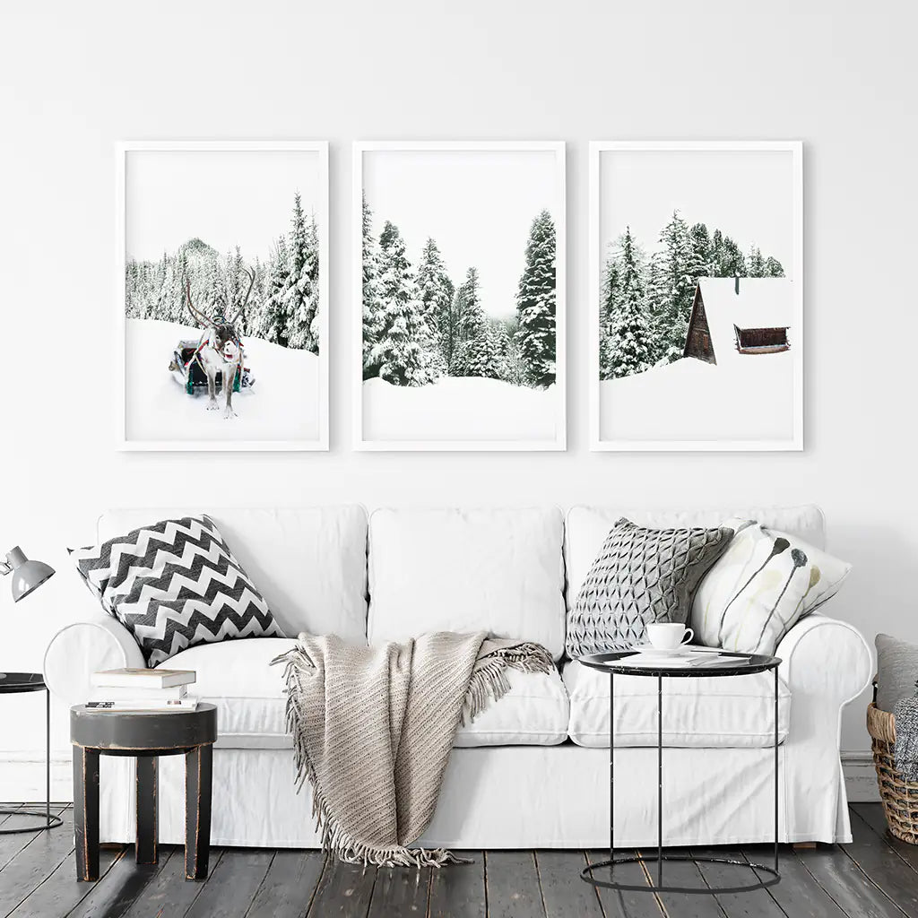 Snowy Winter Wall Art Set of 3 Reindeer Prints