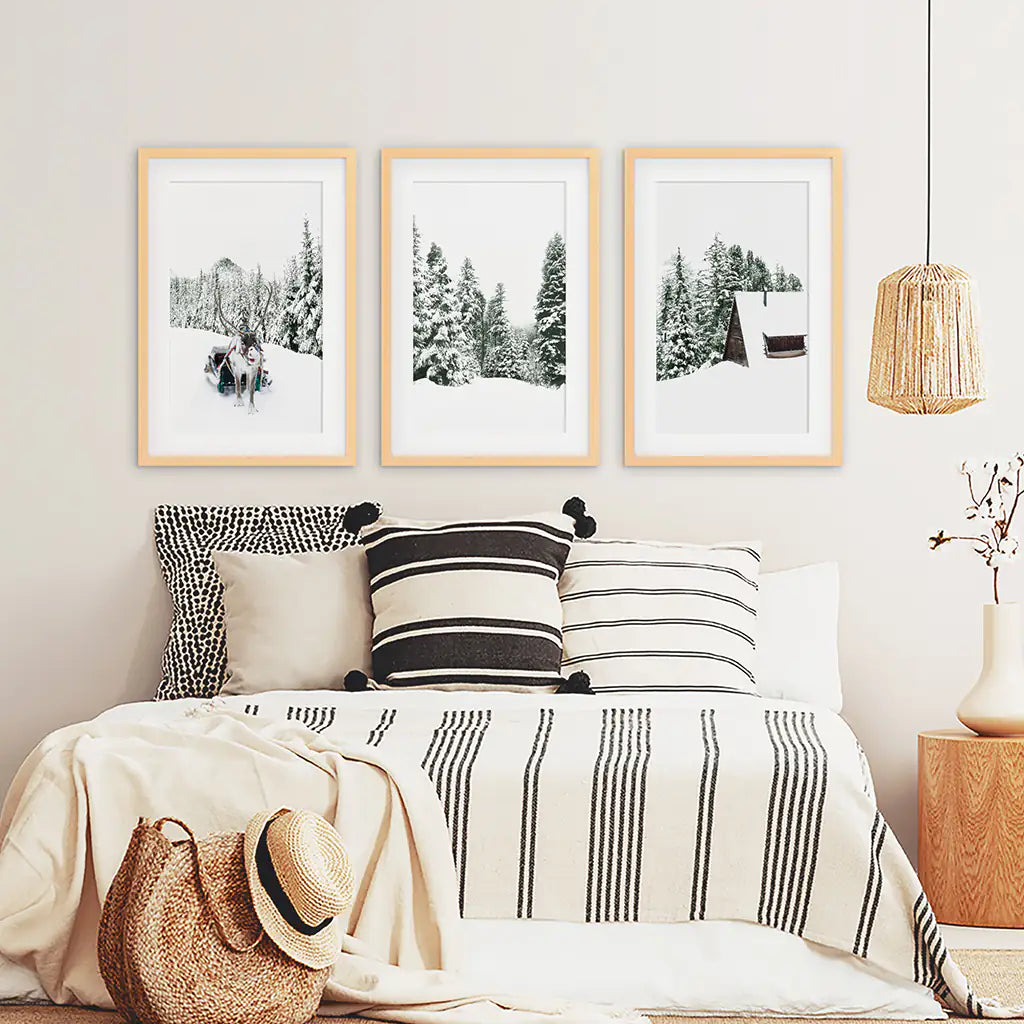 Snowy Winter Wall Art Set of 3 Reindeer Prints