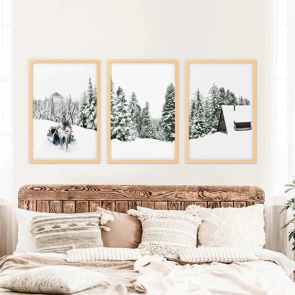 Snowy Winter Wall Art Set of 3 Reindeer Prints