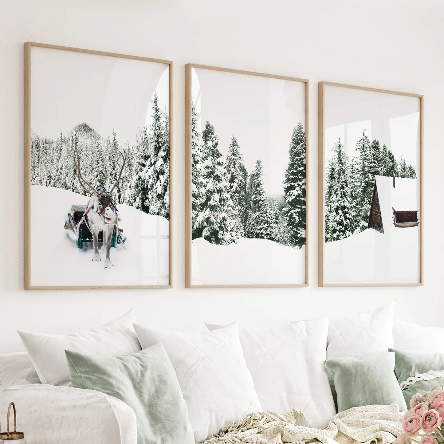Set of 3 snowy winter wall art prints with reindeer log cabin and pine trees