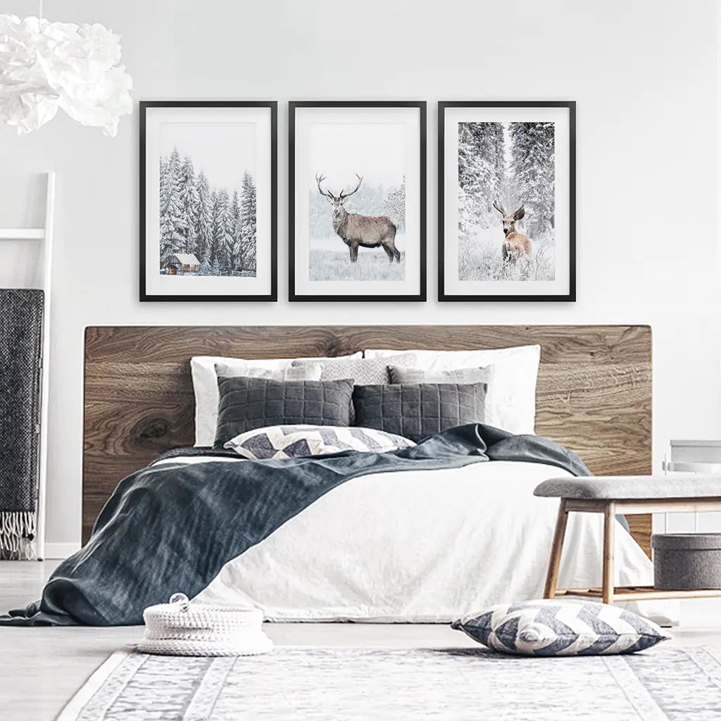 Winter Deer Wall Art Set of 3 Snowy Forest Prints