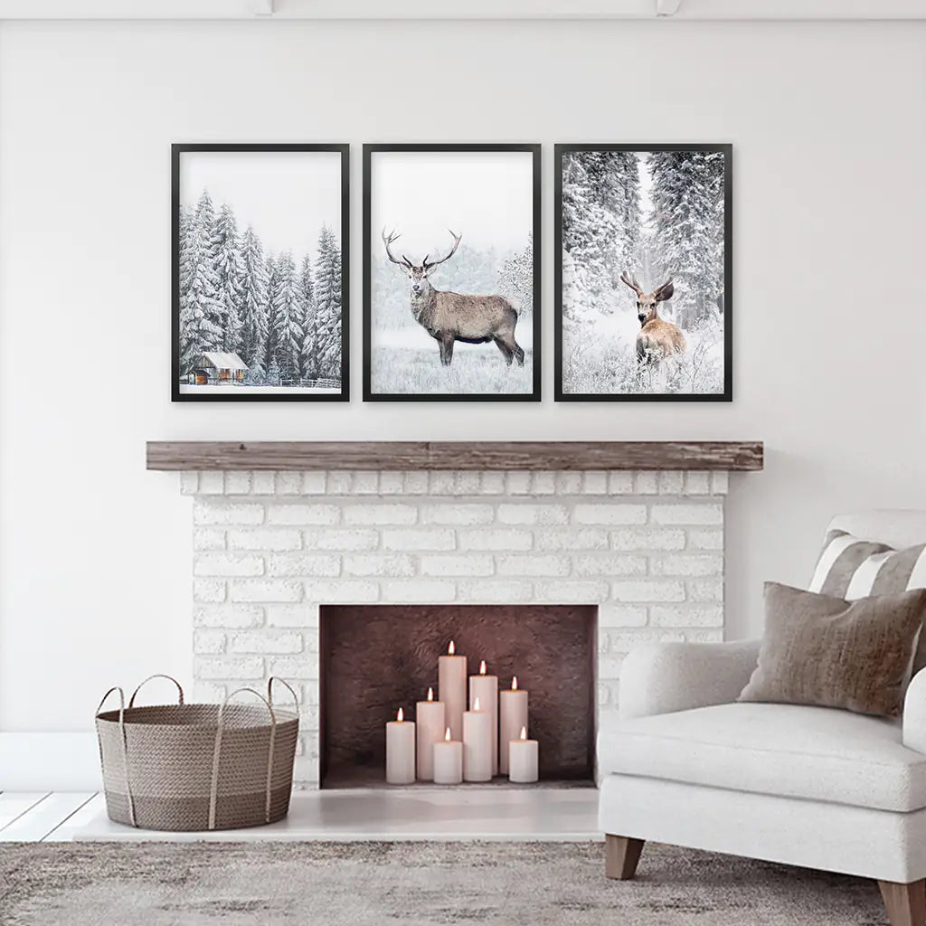 Winter Deer Wall Art Set of 3 Snowy Forest Prints