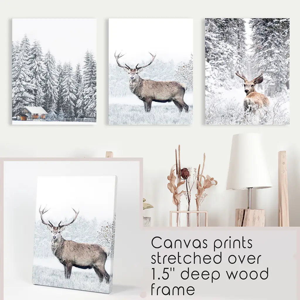 Winter Deer Wall Art Set of 3 Snowy Forest Prints