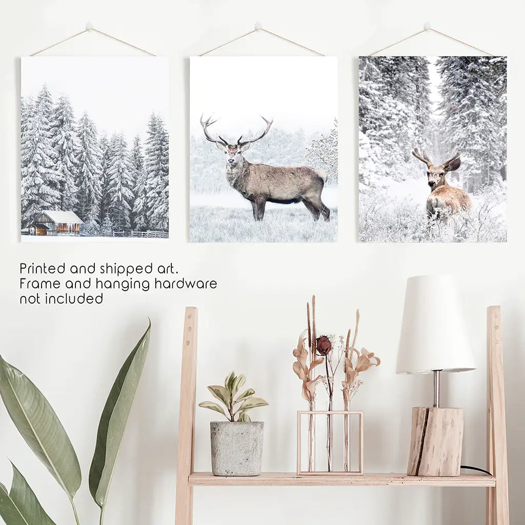 Winter Deer Wall Art Set of 3 Snowy Forest Prints