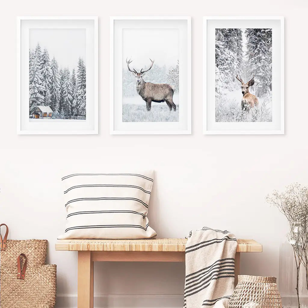 Winter Deer Wall Art Set of 3 Snowy Forest Prints