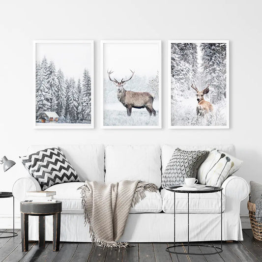 Winter Deer Wall Art Set of 3 Snowy Forest Prints