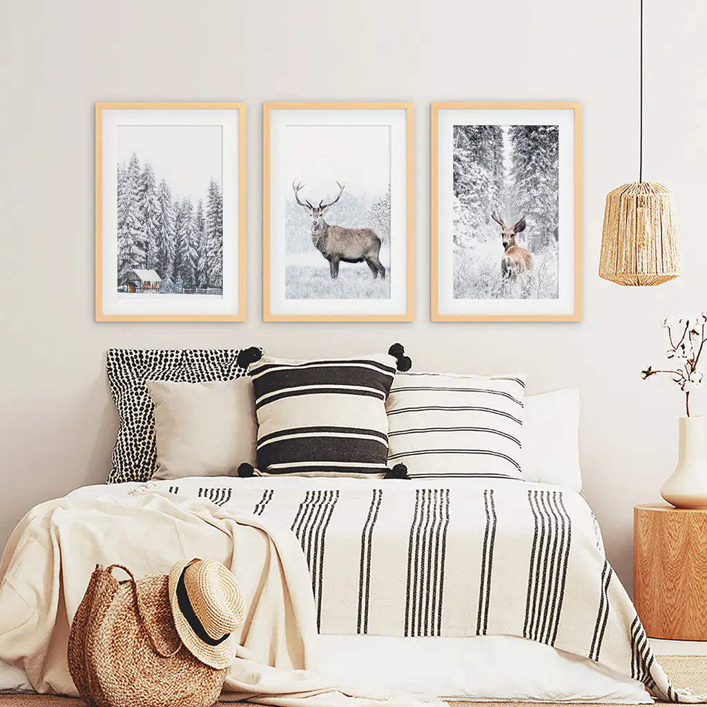 Winter Deer Wall Art Set of 3 Snowy Forest Prints
