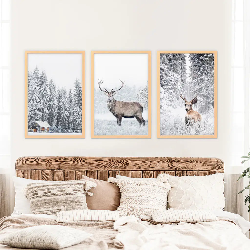 Winter Deer Wall Art Set of 3 Snowy Forest Prints