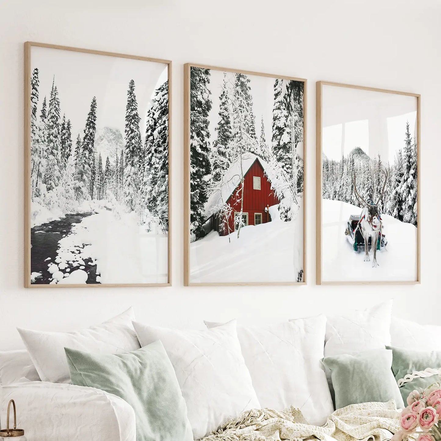 Set of 3 Christmas deer winter wall art prints with red barn and frozen river