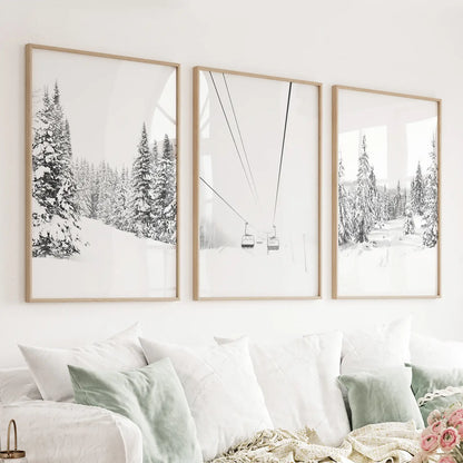 Black and white winter skiing wall art set of 3 with a ski lift and snowy forest
