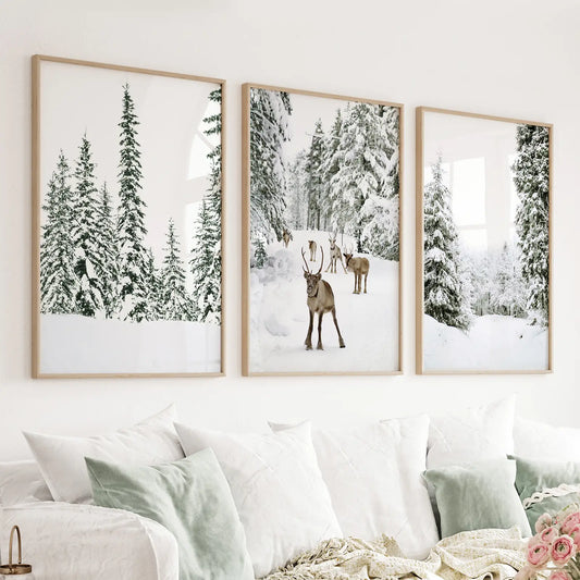 Set of 3 winter landscape wall art prints with snowy pine forest and a fawn