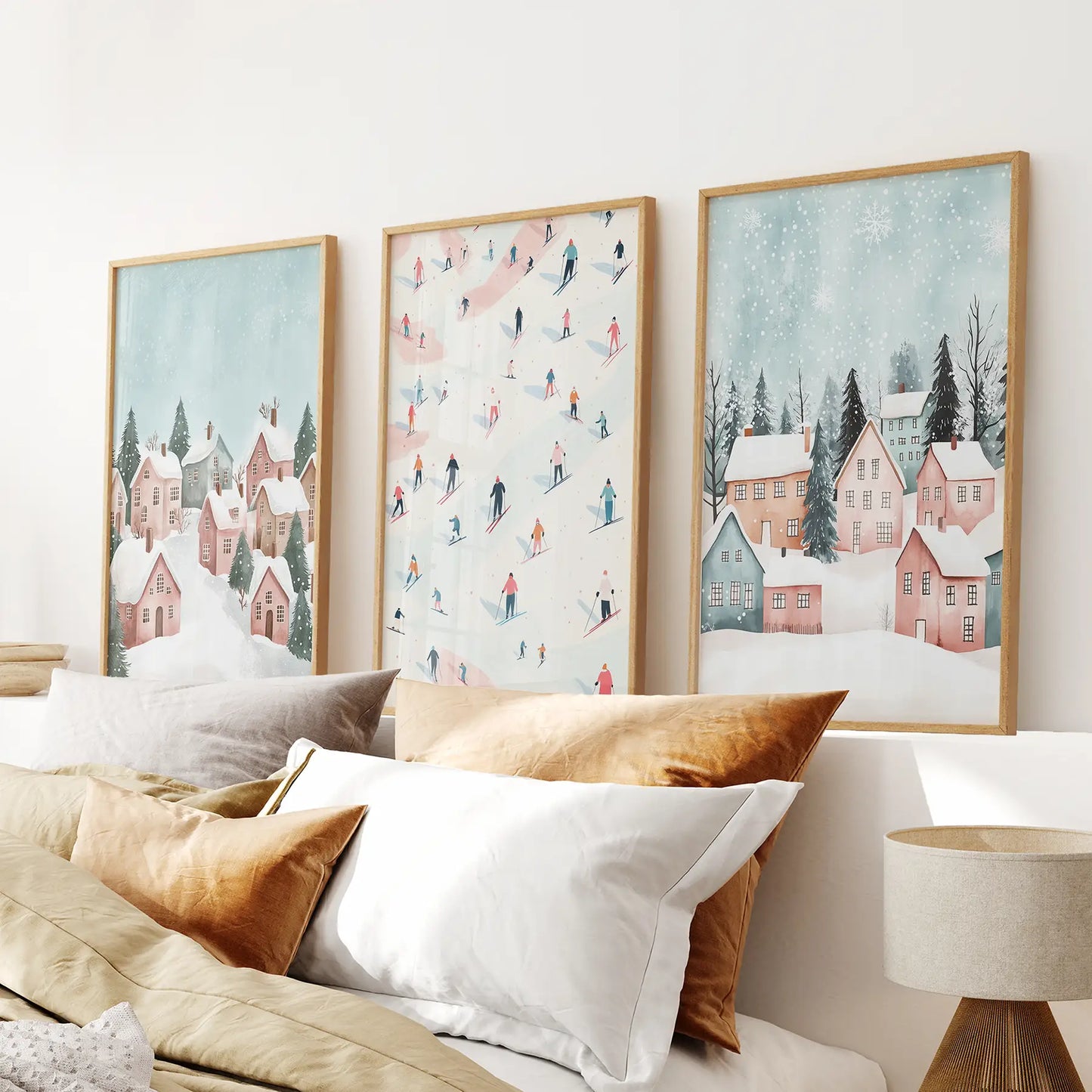 Winter village Christmas wall art set of 3 prints
