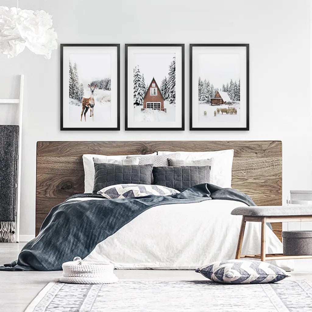 Rustic Winter Wall Art Set of 3, Animals and Log Cabin