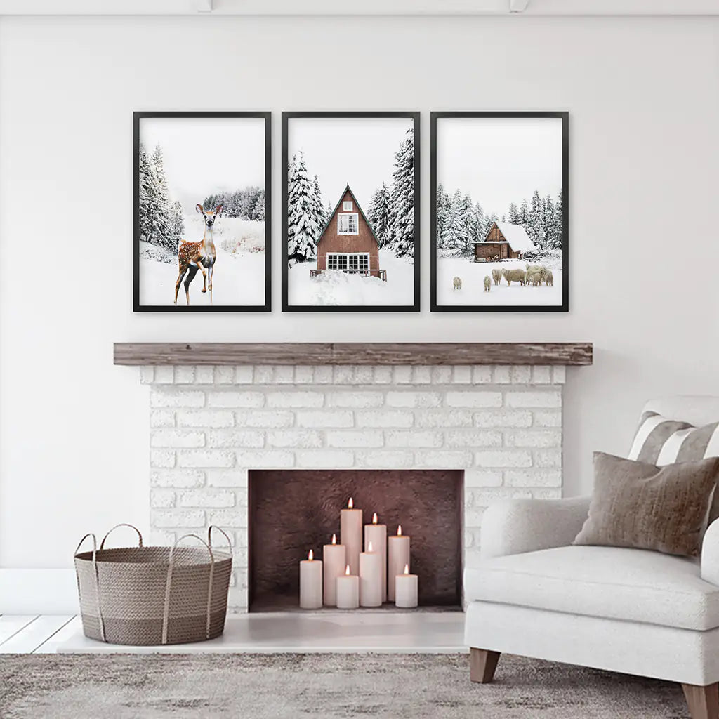 Rustic Winter Wall Art Set of 3, Animals and Log Cabin