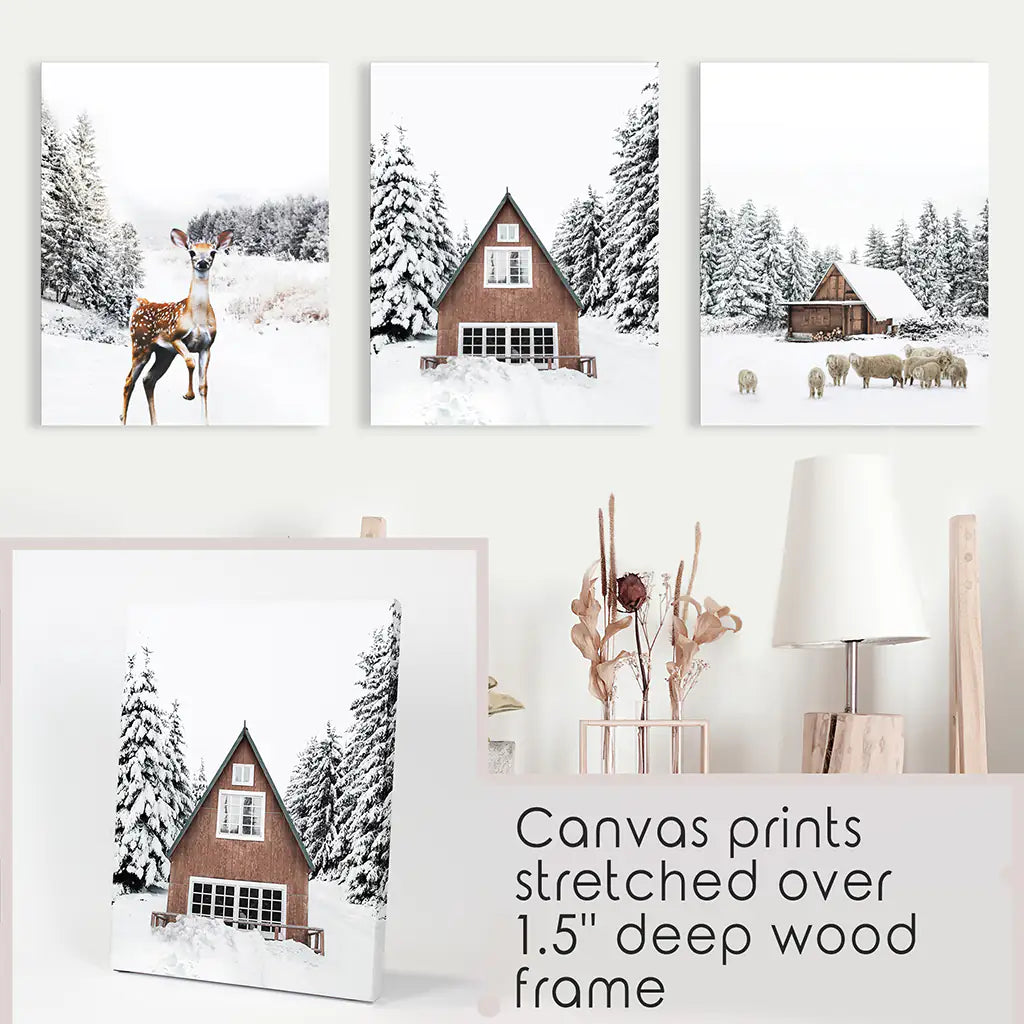 Rustic Winter Wall Art Set of 3, Animals and Log Cabin