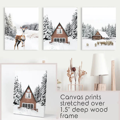 Rustic Winter Wall Art Set of 3, Animals and Log Cabin