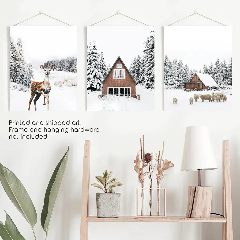 Rustic Winter Wall Art Set of 3, Animals and Log Cabin