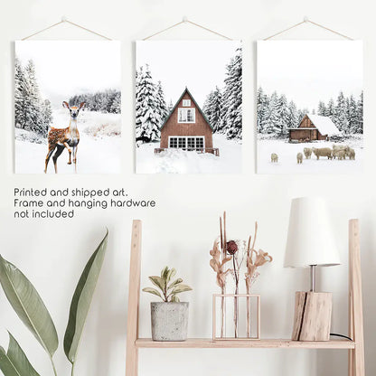 Rustic Winter Wall Art Set of 3, Animals and Log Cabin