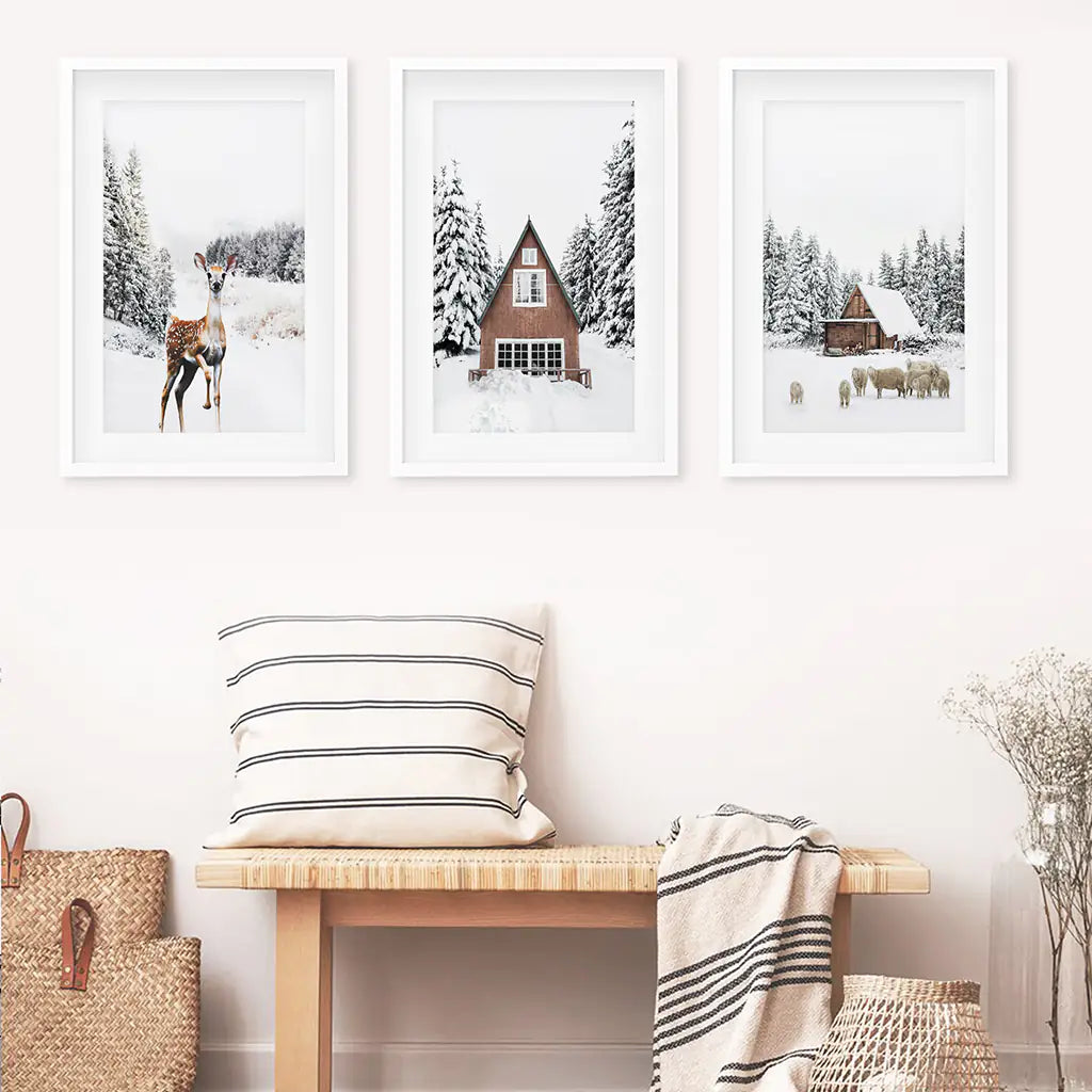 Rustic Winter Wall Art Set of 3, Animals and Log Cabin
