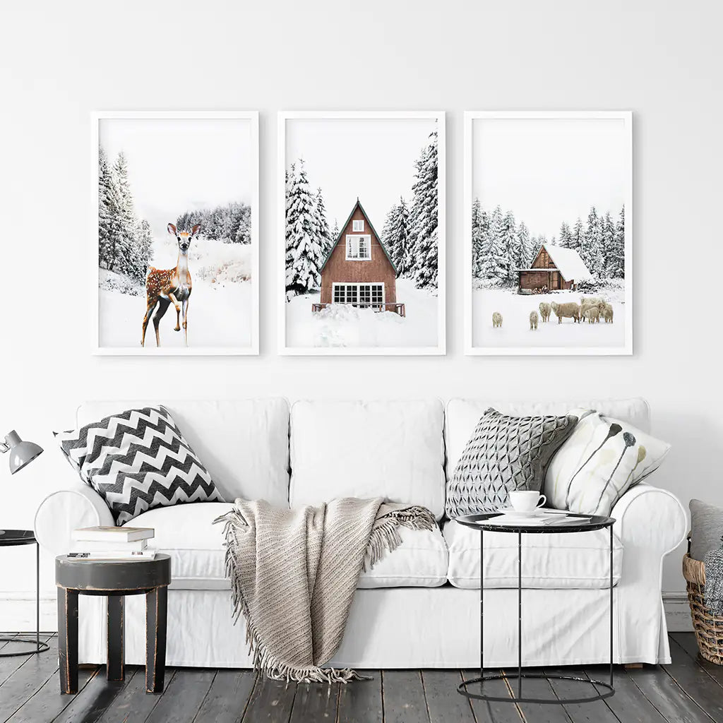 Rustic Winter Wall Art Set of 3, Animals and Log Cabin