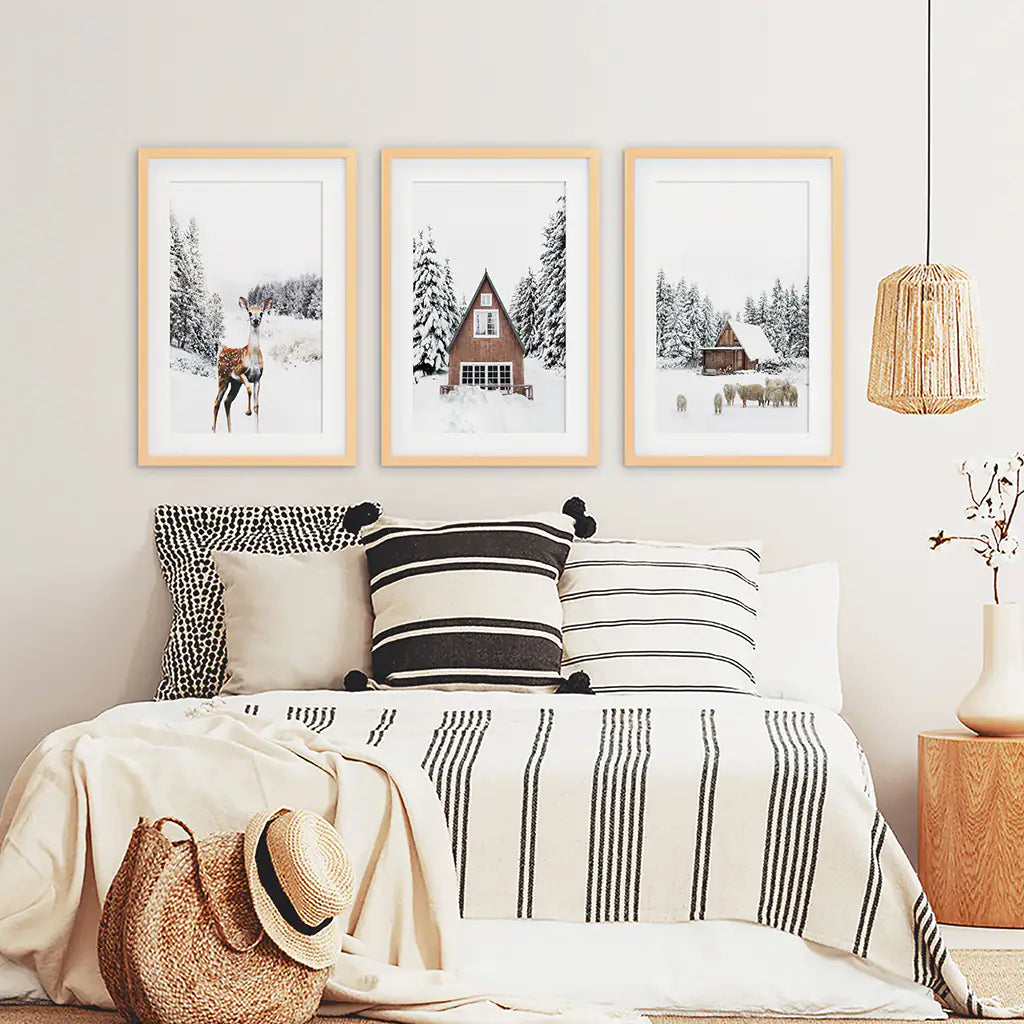 Rustic Winter Wall Art Set of 3, Animals and Log Cabin