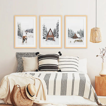 Rustic Winter Wall Art Set of 3, Animals and Log Cabin