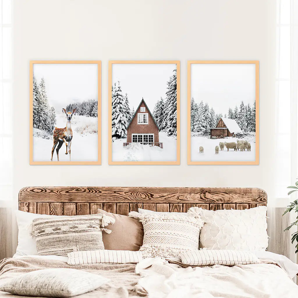 Rustic Winter Wall Art Set of 3, Animals and Log Cabin