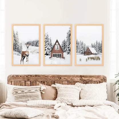 Rustic Winter Wall Art Set of 3, Animals and Log Cabin