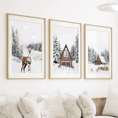 Rustic Winter Wall Art Set of 3, Animals and Log Cabin