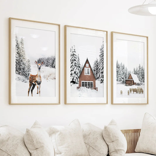 Rustic Winter Wall Art Set of 3, Animals and Log Cabin