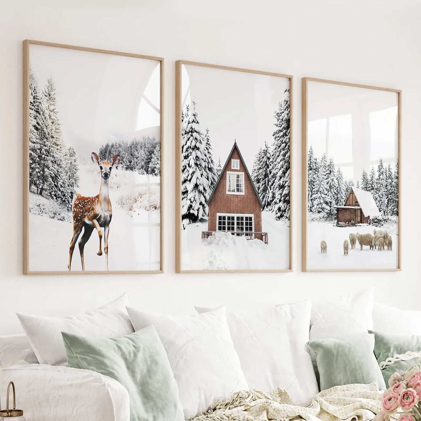 Rustic winter wall art animals and log cabin set of 3