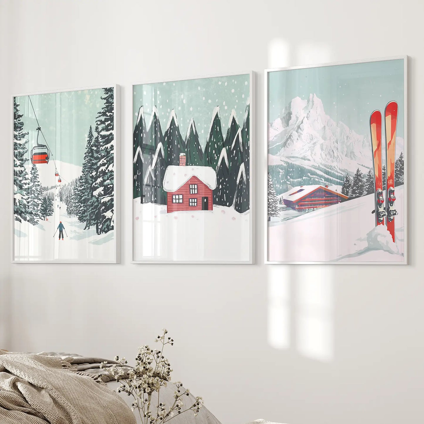 Ski Lifts Cozy Cabin Snowy Peaks Wall Art Set of 3