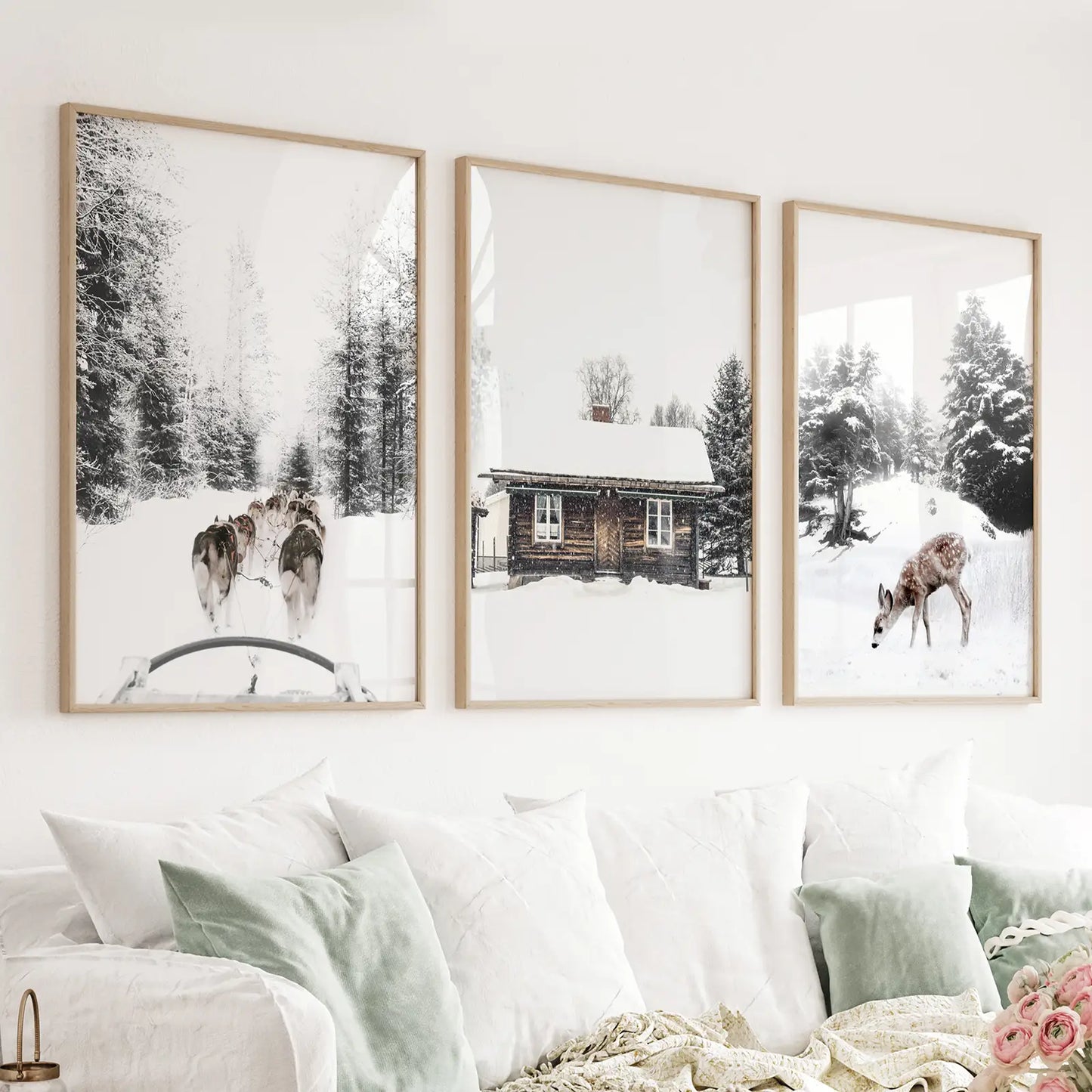 Set of 3 Christmas wall art prints with fawn log cabin and sledding